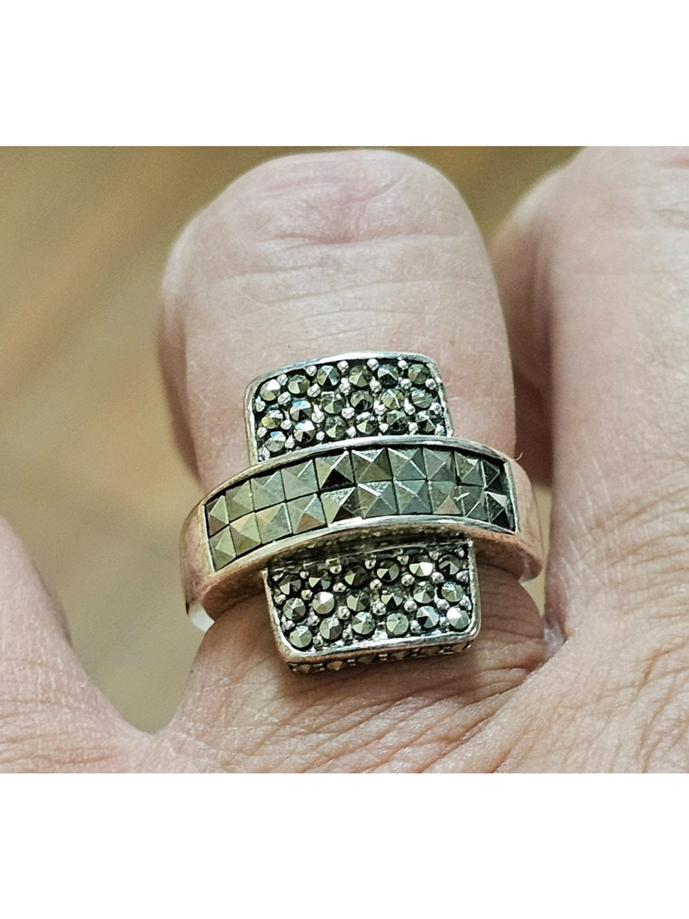 Vintage Sterling Silver NF 925 Thailand Marcasite Statement Ring Sz 7 Geometric